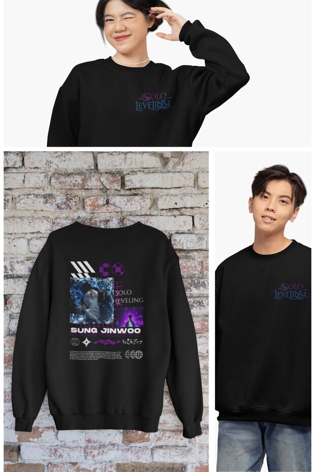 Unisex Solo Leveling Jin-Woo Back Printed Hoodless Sweatshirt, Oversize Anime Themed Sweatshirt