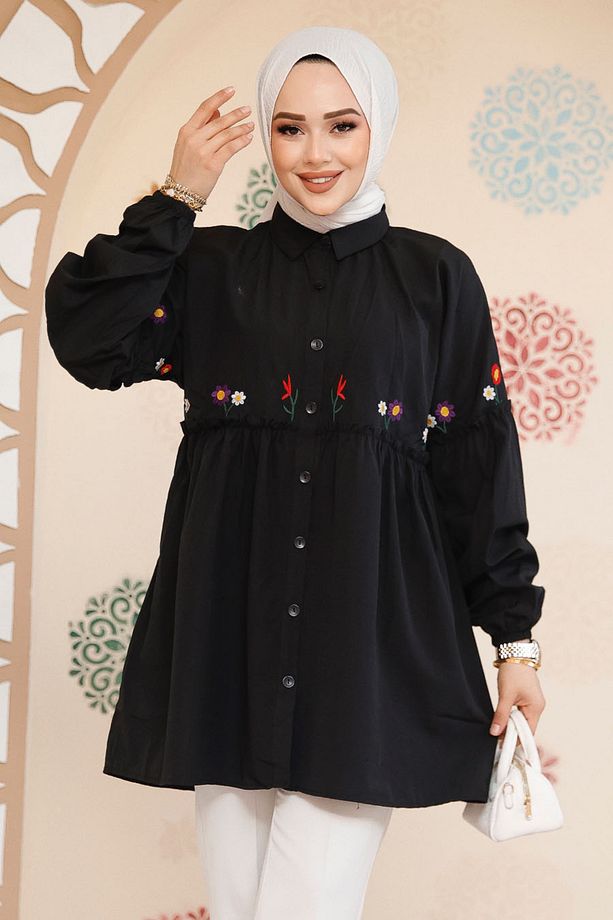 Nakış Desenli Siyah Tesettür Tunik 40603S - 1