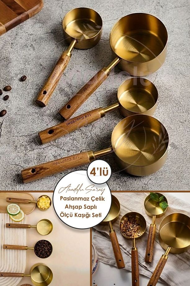 4 Adet Büyük Boy Paslanmaz Çelik Ahşap Saplı Ölçü  Kaşığı Seti Ölçü Kabı 60ml 80ml 125ml 250ml - 1