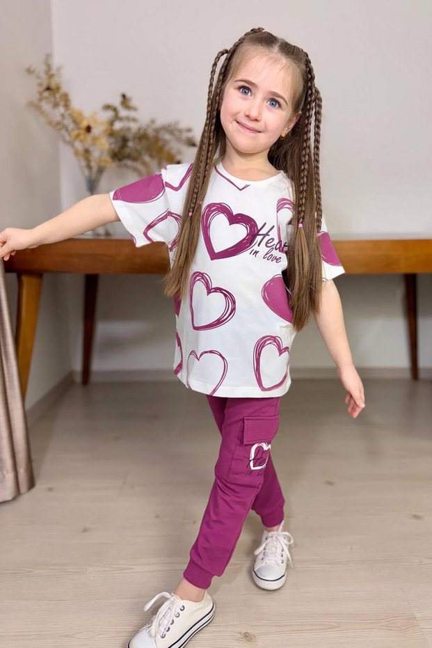 Girls' Clipboard Heart Print Crew Neck T-Shirt Cargo Pocket Bottom Purple Tracksuit Set