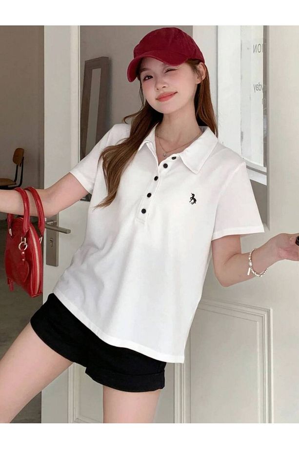 Unicorn Baskılı Polo Yaka Düğmeli Kısa Kol Tshirt - 8