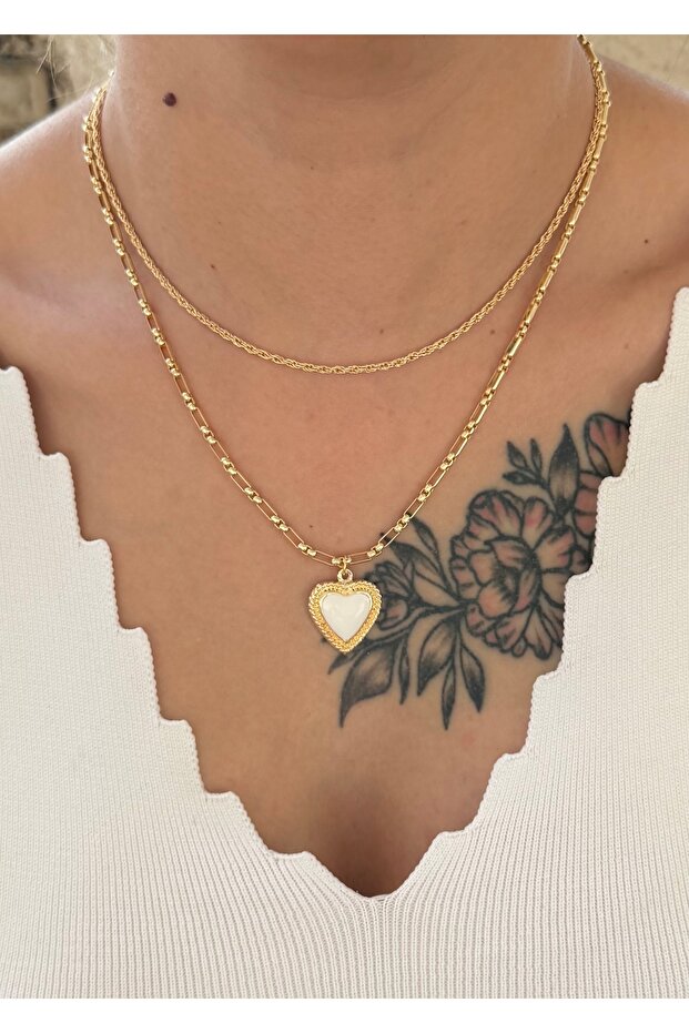 White Heart Necklace - Set with Enamel and Heart Figures