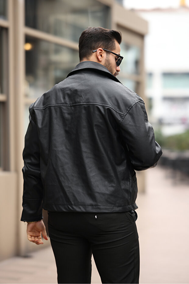 VİNTAGE RETRO CEP DETAY OVERSİZE BASİC DERİ CEKET - 3