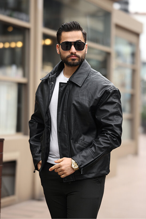 VİNTAGE RETRO CEP DETAY OVERSİZE BASİC DERİ CEKET - 1