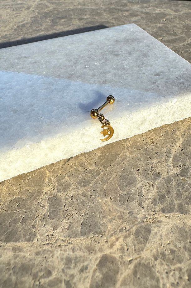 Piercing Tragus Helix Ay Yıldız Tasarım Sallantılı Gold Altın Renk 316L Paslanmaz Çelik - 3