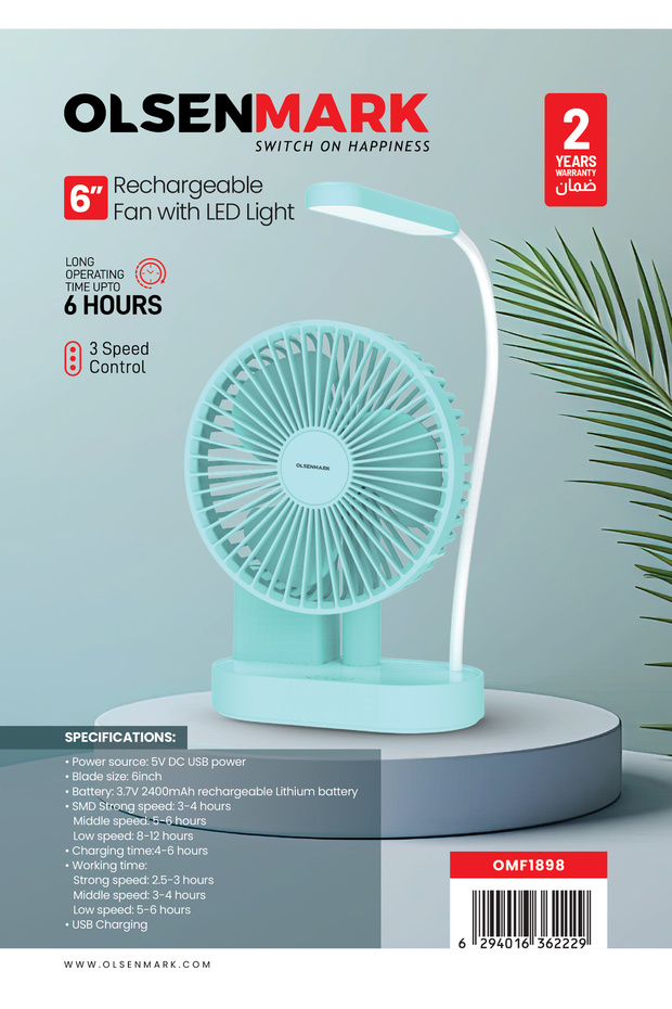 6" Rechargeable Mini Fan with LED Light-OMF1898, 6-hour Operating Time