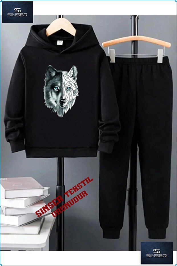طقم بدلة رياضية للأطفال بطبعة "GREY WOLF" بغطاء للرأس