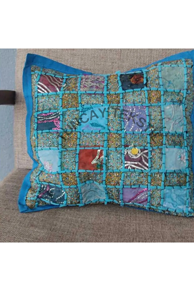 husă de pernă albastră indiană Patchwork - 1
