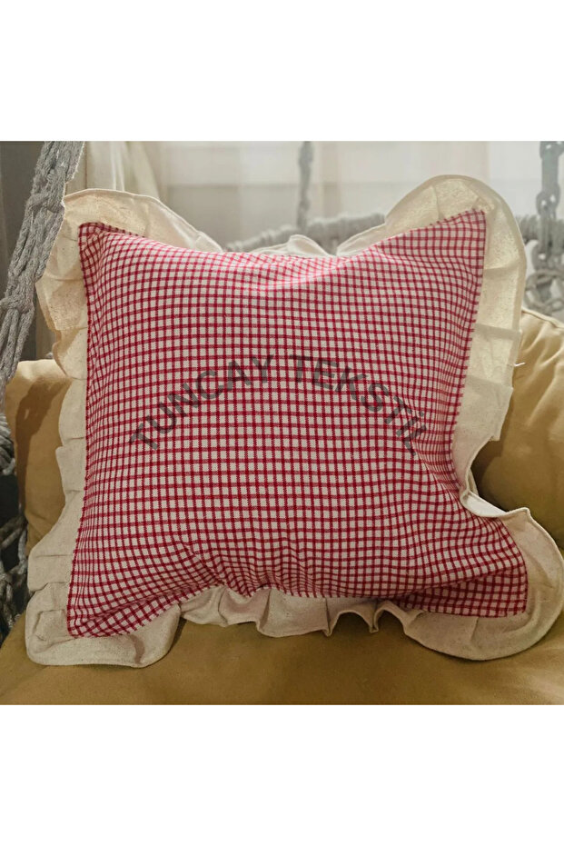 100% Natural Linen Red Piti Checkered Ruffled Throw Pillow Cover