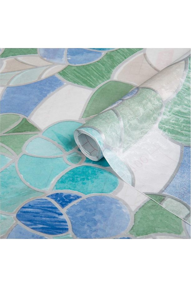 176-0213 Mavi Çiçekli Kendinden Yapışkanlı Cam Vitray Folyo (45 cm x 1 mt) - 1