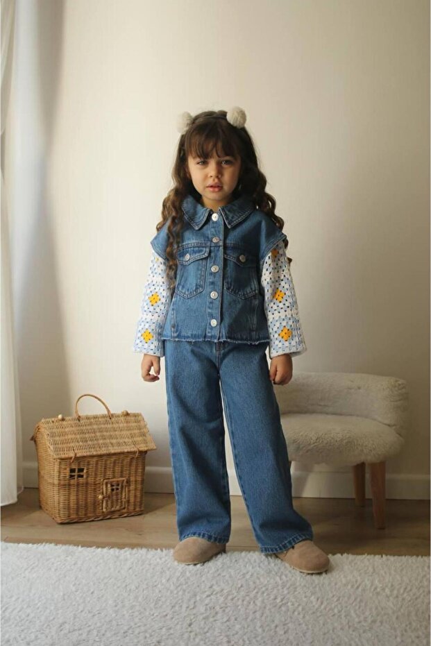 kolları örgü detaylı kot alt üst kız çocuk takım - 2