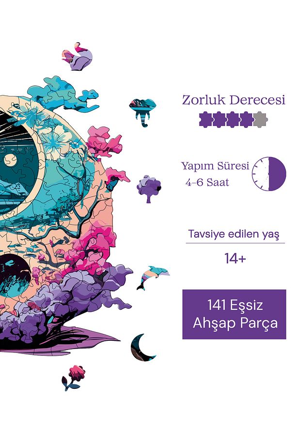 Ahşap Puzzle Yin Yang Benzersiz Parçalı Yapboz 141 Parça Yapıştırıcı Folyo Dahil 28x28 Cm Wz-12 - 7