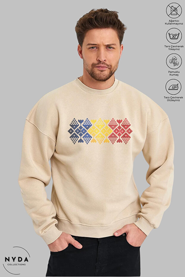 Unisex Long Sleeve Romania Cusatura Printed Crew Neck Hoodless Raster Oversize Sweatshirt
