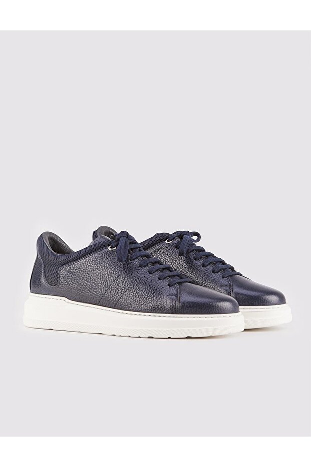 Genuine Leather White Sole Lace-up Men's Navy Blue Athletic Shoes
