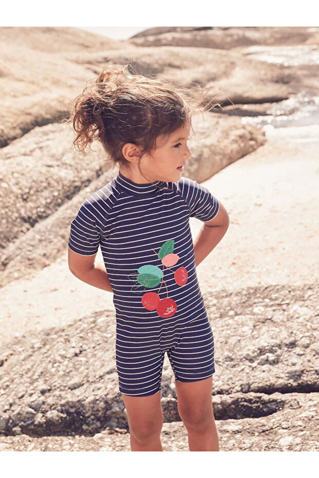 Sun-Proof Upf50 One-Piece Navy Color Cherry Print Zip-Up Swimsuit Alye77667