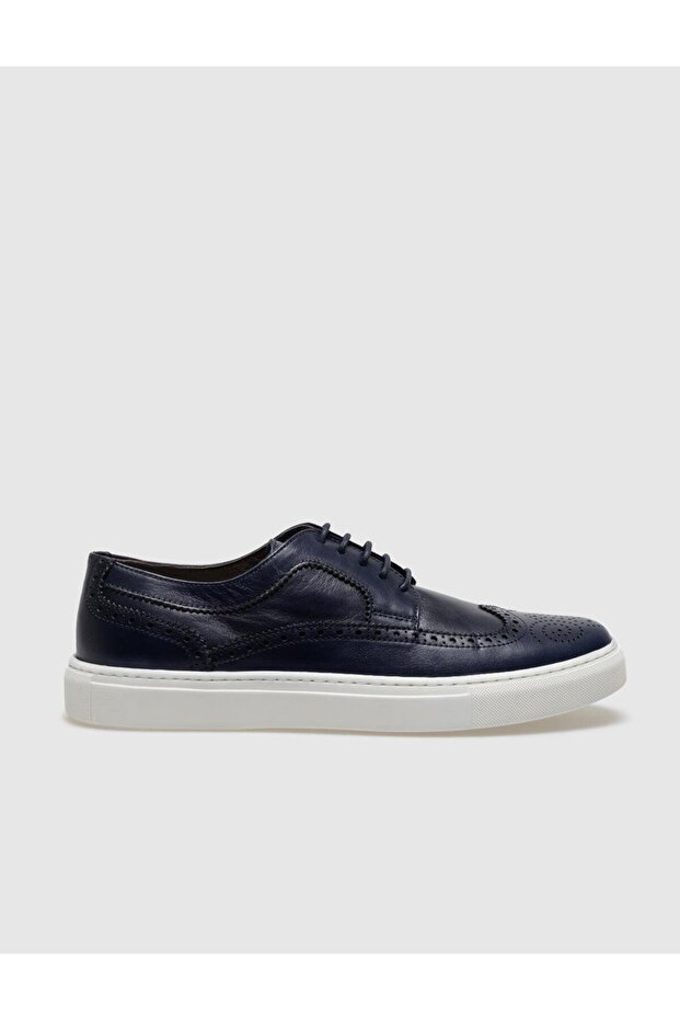 Genuine Leather Navy Blue Lace-Up Men's Sports Shoes