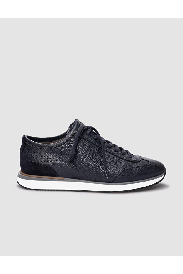 Genuine Leather Navy Blue Lace-Up Men's Sports Shoes