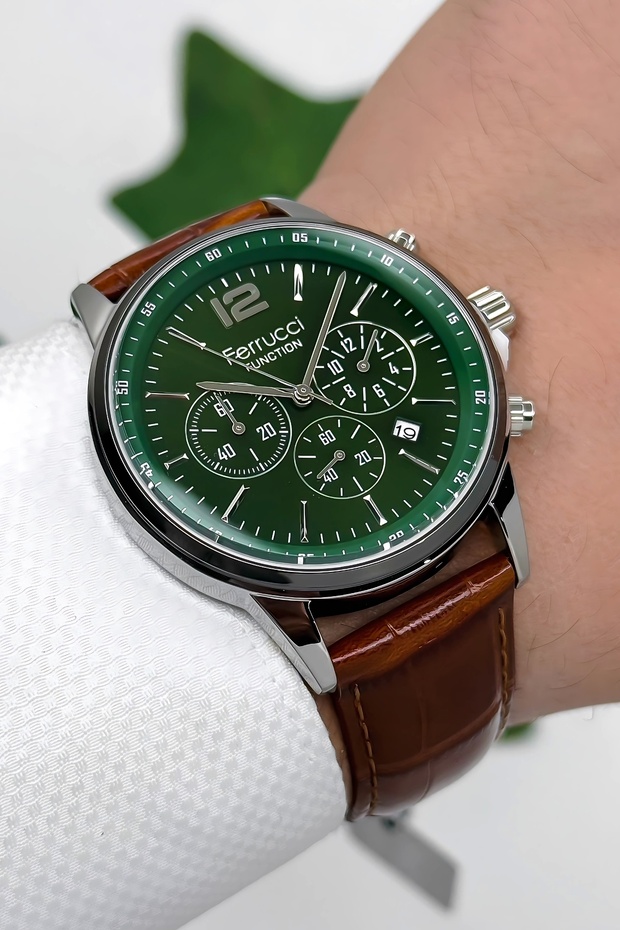 Function Leather Cord Men's Wrist Watch 3 Atm- Coffee-Green with Bracelet Gift Zmfer163