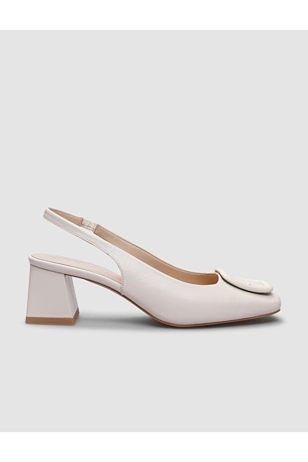 100% Genuine Leather White Buckle Detailed Women's Heeled Shoes
