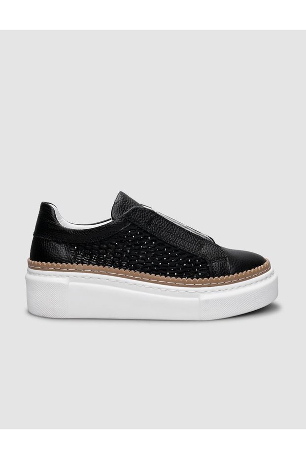 100% Genuine Leather Black Women's Sports Shoes with Rubber Detail