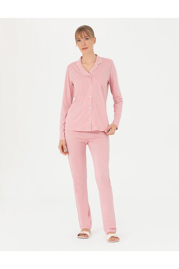 Kadın Gül Kurusu Pamuklu Modal Boydan Patlı Kutulu Pijama Takımı Q8.U.8O.K2.K.A8.P.C - 4