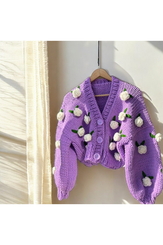 Women's Handmade Knit Cardigan with Rose Detail, Floral Cardigan, Trend Cardigan