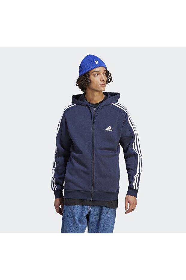 Essentials Fleece 3-Stripes Full-Zip Kapüşonlu Üst - 1