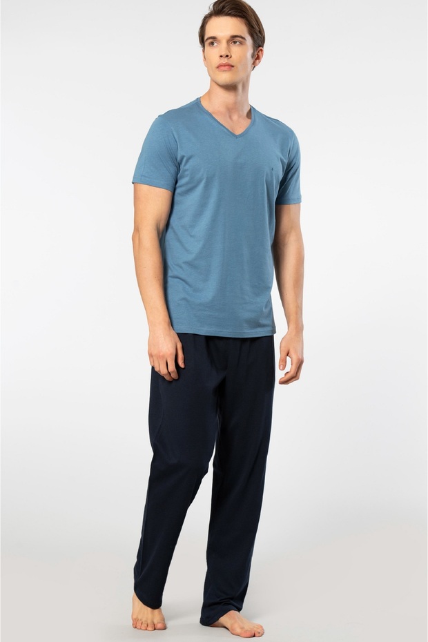 Indigo Men's Pajamas Set - Cotton and Modal Fabric, V-Neck, Short Sleeve