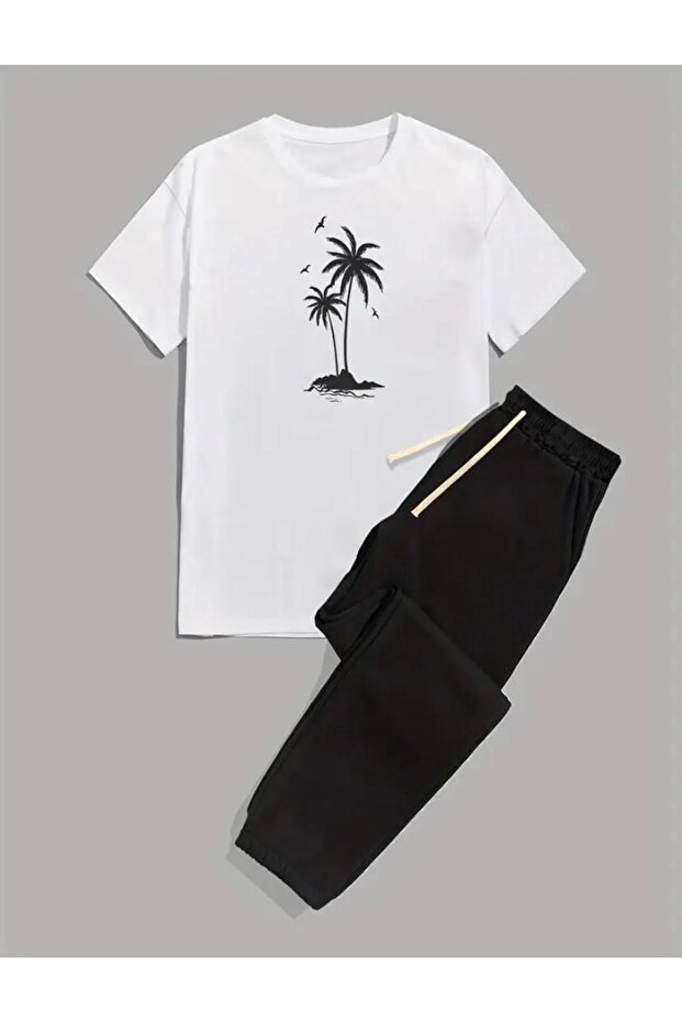 Palm Printed T-Shirt Sweatpants Jogger Casual Fit Black Tracksuit Set