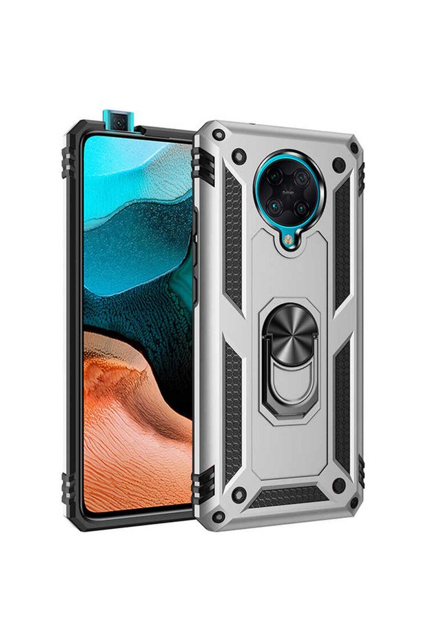 Poco F2 Pro Case with Camera Protruding Stand and Ring Magnet Armor Cover Vega - Gray