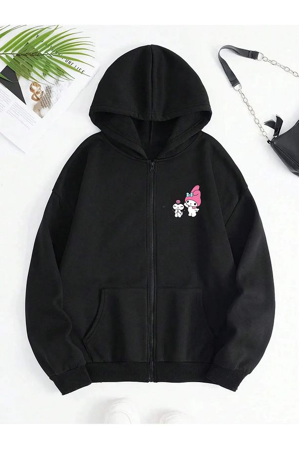 Hello Kitty Kuromi Baskılı Kapüşonlu Kanguru Cepli Oversize Mevsimlik Fermuarlı Sweatshirt /Hırka - 2