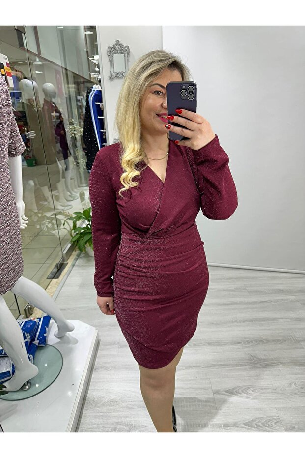 Bordo Parlak Drapeli Simli Çelik Örme Kruvaze Elbise bkt 281015-2 - 7
