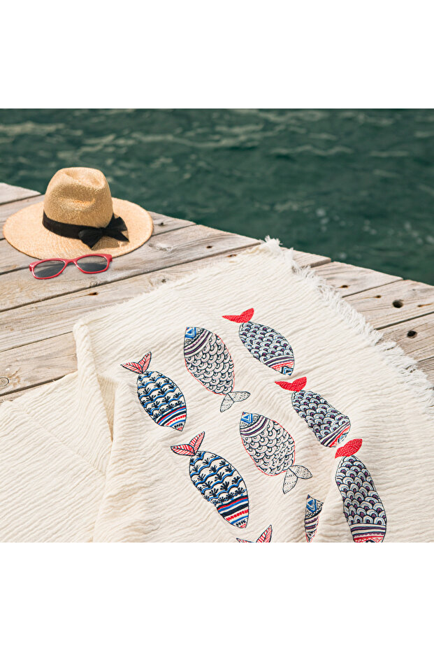 Hb&Victory 100% Cotton 4 Layer Muslin Peshtemal Beach Towel Handmade Stone Printed 180X90 Cm.