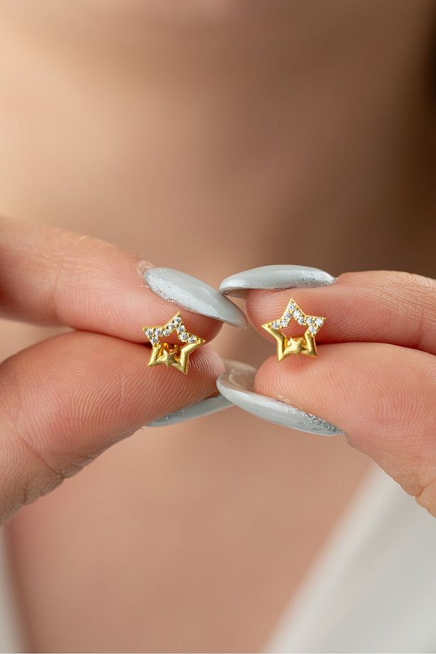925 Ayar Gümüş Gold Çift Yıldız Minimal Küpe - 1