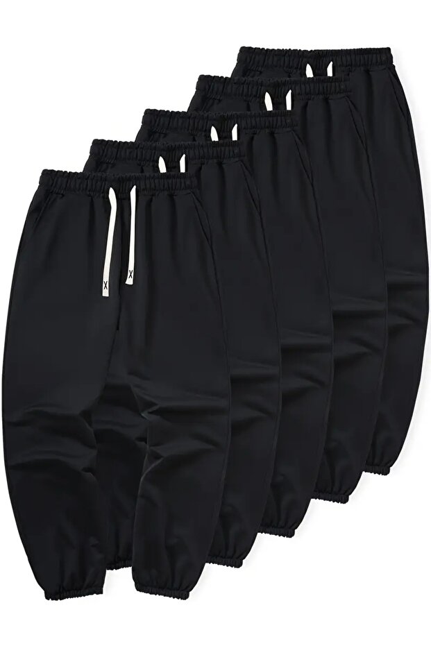High Waist 5-Piece Black Jogger Sweatpants - Plus Size Sportswear 52
