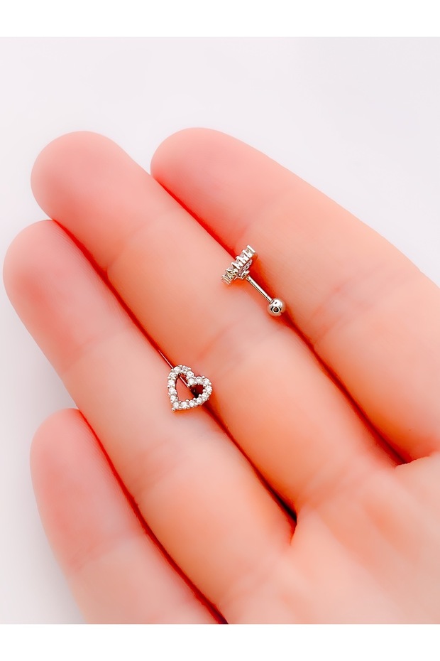 Cerrahi Çelik Kalp Piercing – Helix/tragus Için Taşlı Minimal Model – 1 Adet - 6