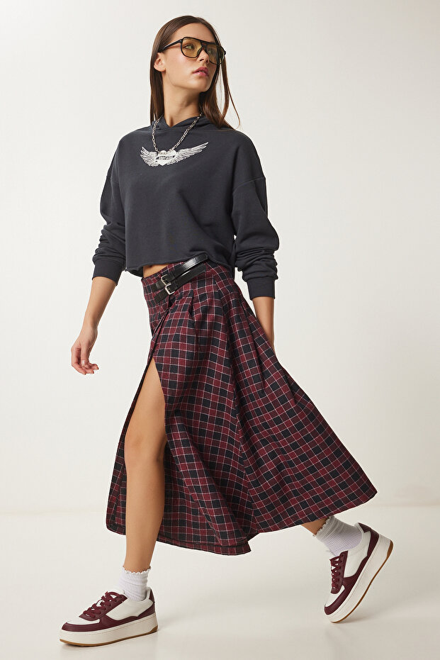 Belted Checkered Flared Woven Skirt Bordo Black Lns0015