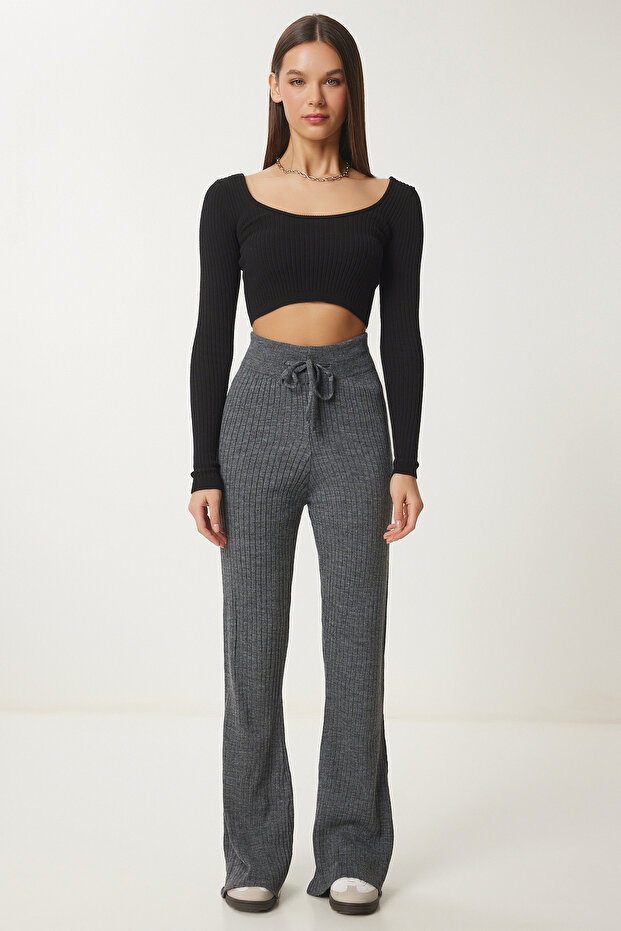 Spanish Style Stretchy Knit Trousers Gray Lus0072