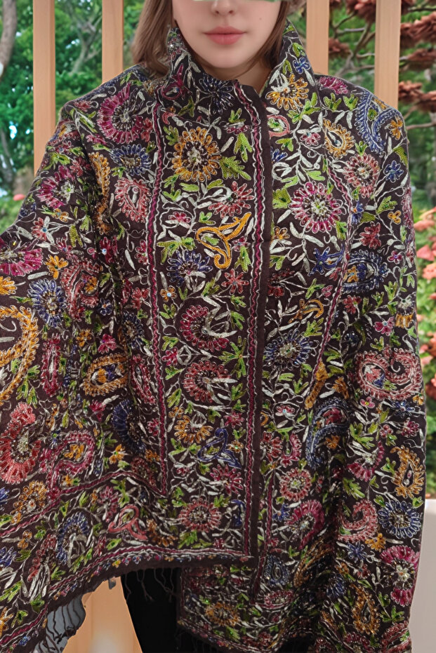 omuz Şal, El Yapımı Yün ve İpek, Boncuklarla Süslenmiş - 2