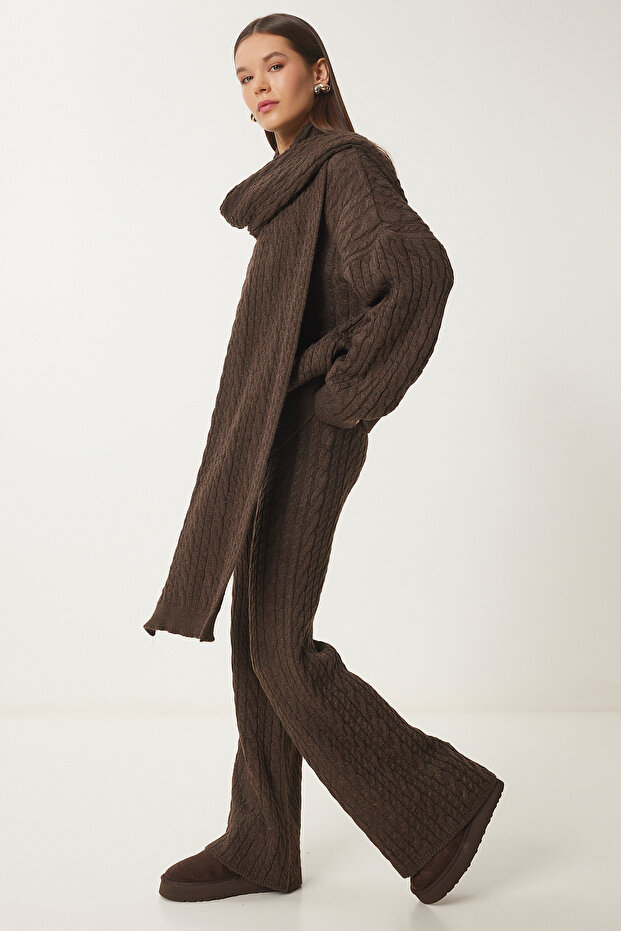 Knitted Sweater Pants Set with Scarf Brown Lus0069