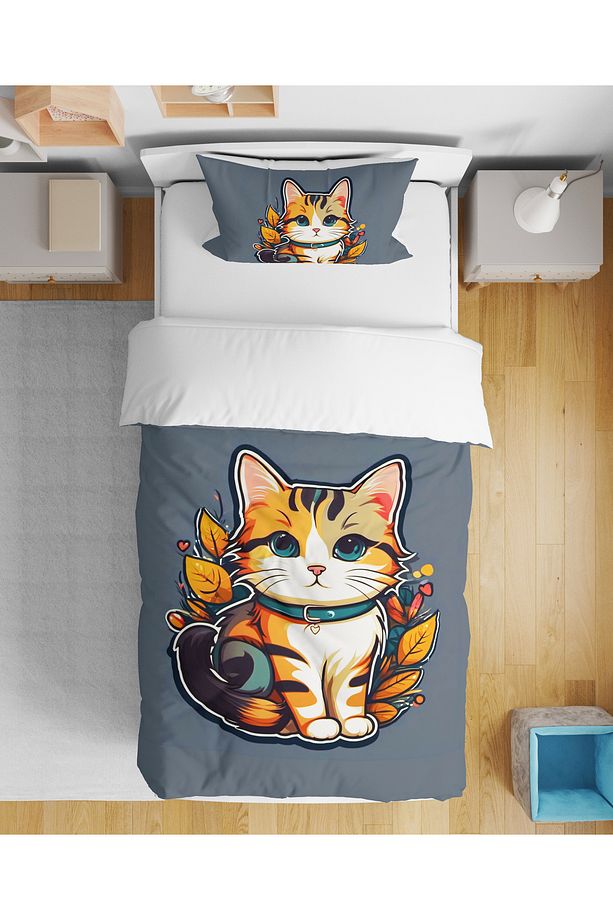 Sevimli Kedi 3d Dijital Baskılı Tek Kişilik Kız Çocuk Genç Çarşafsız Nevresim Takımı - 1
