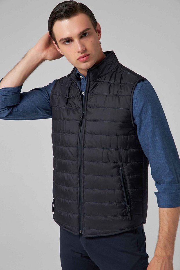 Regular Fit Navy Blue Stand Collar Fiber Padded Seasonal Zippered Vest Coat