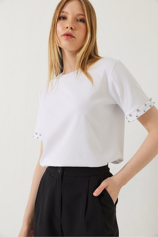 Kadın Kolları Taş İşlemeli Tshirt 60602002 - 3