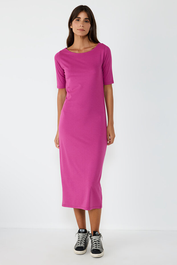 Half Sleeve Slit Basic Dress - 2