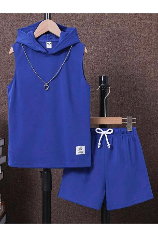 Children's Label Printed Sleeveless Hooded T-Shirt and Shorts Bottom Top Set