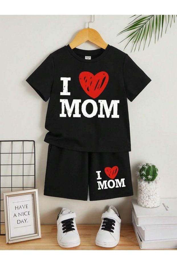 Kids I Love Mom Printed Top and Bottom Set Cotton Shorts T-Shirt Set