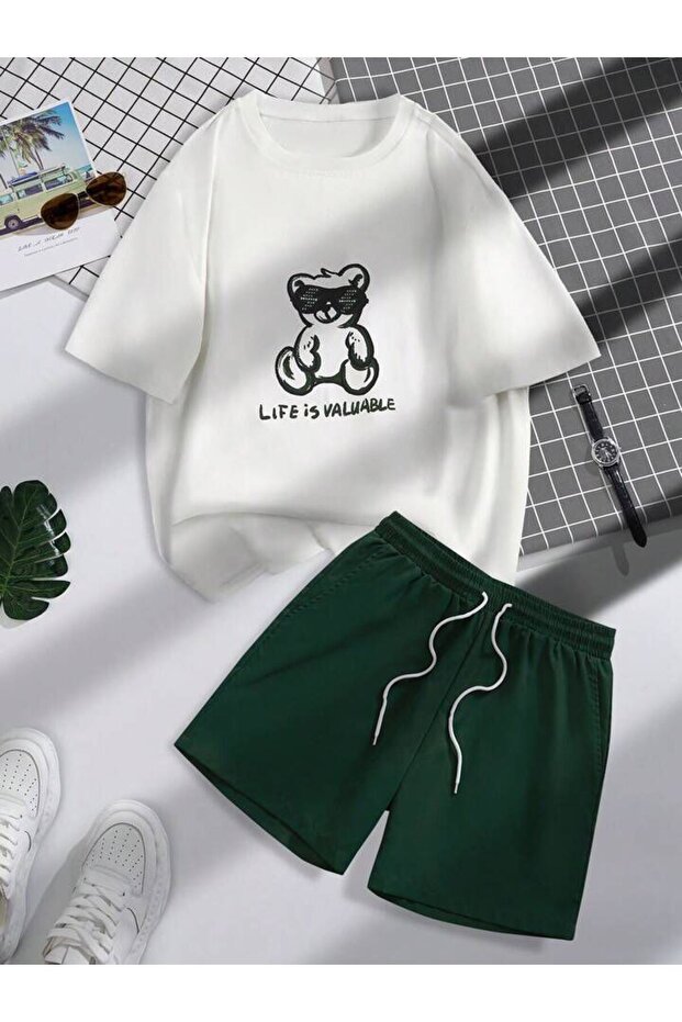 Children's Teddy Bear Printed T-Shirt and Shorts Top and Bottom Set