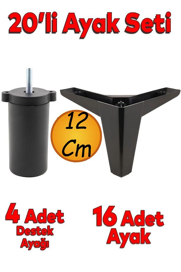 Hobit 20'li Set Lüks Mobilya Kanepe Koltuk TV Ünitesi Yükseltici Destek Ayağı Ayakları 12 cm Siyah. - 1