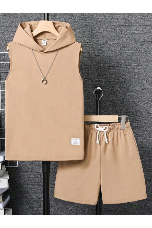 Unisex Label Printed Sleeveless Hooded T-Shirt and Shorts Top and Bottom Set