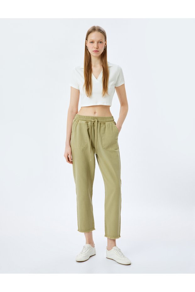 Pocket Detailed Straight Leg Chino Trousers with Lace-Up Waist